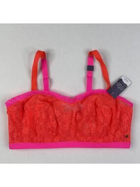 Cacique Bra Womens 40F Orange Pink Lace Unlined Bandeau Sheer Plus Size NEW
